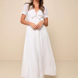 Lulu's Angelic Expression Ivory Ruffled Puff  Sleeve Backless Midi Dress